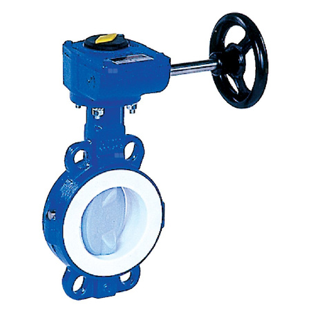 Przepustnica bezkołnierzowa LYCENE z przekładnią ślimakową, dysk: powlekany PFA, wykładzina: PTFE, korpus: GGG40 epoksyd., Pnom 1,0 MPa, tmax=200 st.C DN32