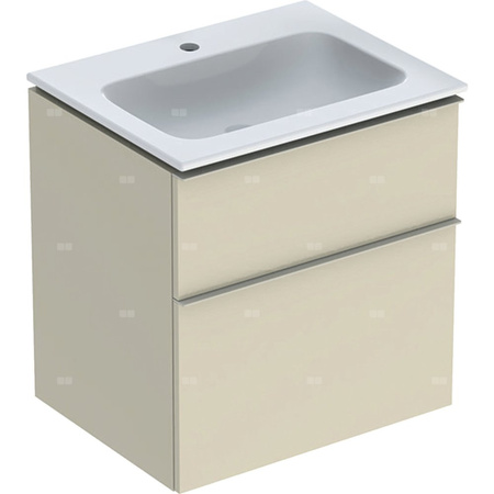 Zestaw umywalki meblowej Geberit iCon slim rim, z szafką pod umywalkę, z dwoma szufladami i zestawem odpływowo-przelewowym do umywalki: B=60cm, Umywalka: biały, Korpus i front: szary piaskowy / lakierowany, wysoki połysk, Uchwyt: szary piaskowy / malowany