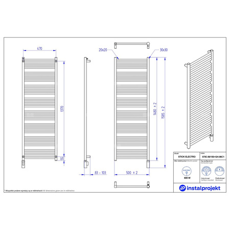 Grzejnik elektryczny (suszarka) INSTAL-PROJEKT STICK ELECTRO, wym. 1480 (1585 z grzałką)/500 mm, kolor czarny mat, moc 600 W