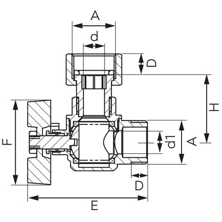 Zawór kulowy kątowy z półśrubunkiem, nakrętno-wkrętny, z motylkiem, 3/4"