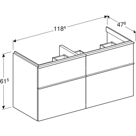 Szafka pod umywalkę podwójną Geberit iCon, z czterema szufladami: Szerokość umywalki=120cm, H=61.5cm, Korpus i front: biały / lakierowany na wysoki połysk, Uchwyt: biały / powlekany proszkowo, matowy