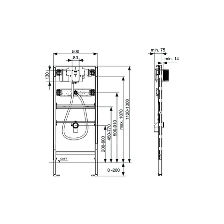 Stelaż podtynkowy do pisuaru TECE profil U2, 1120 x 500 x 75 mm, regulacja wysokości