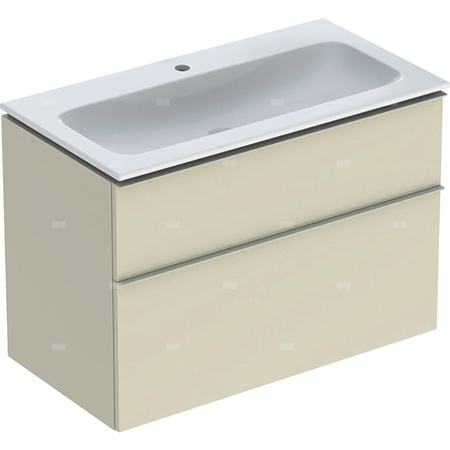 Zestaw umywalki meblowej Geberit iCon slim rim, z szafką pod umywalkę, z dwoma szufladami i zestawem odpływowo-przelewowym do umywalki: B=90cm, Umywalka: biały, Korpus i front: szary piaskowy / lakierowany, wysoki połysk, Uchwyt: szary piaskowy / malowany