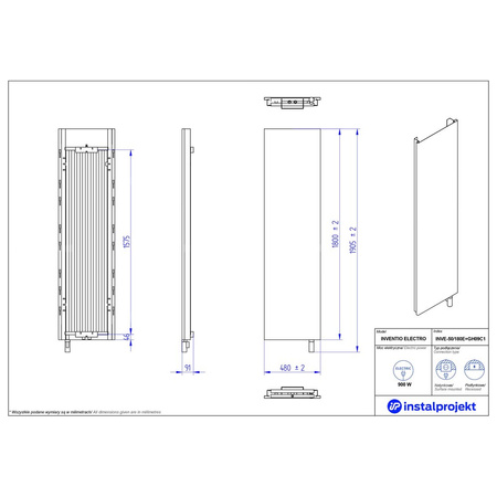 Grzejnik elektryczny (suszarka) INSTAL-PROJEKT INVENTIO ELECTRO, wym. 1800 (1905 z grzałką)/480 mm, kolor biały, ekran szary, moc 900 W