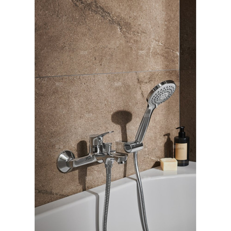 MORRIS BATERIA WANNOWA ŚCIENNA Z NATRYSKIEM PUNKTOWYM KOMPLETNYM (RĄCZKA 3 FUNKCYJNA + WĄŻ METALOWY 1500 MM), CHROM