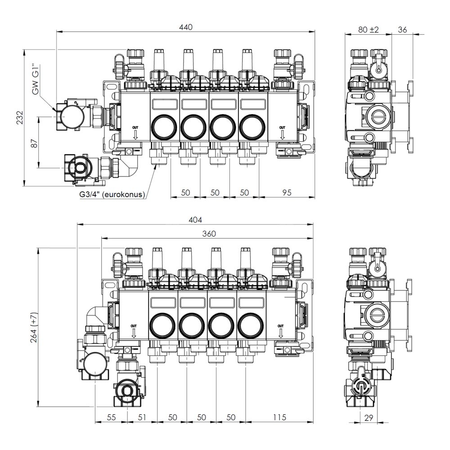 ProCalida CC 1 na 4 obiegi grzewcze, rotametry 0,75÷3,75 l/min