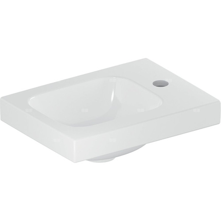 Umywalka GEBERIT iCon Light prostokątna, biała / KeraTect, 380mm, otwór na baterię z prawej, bez odpływu przelewowego, półka z prawej