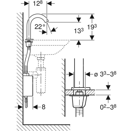 Bateria umywalkowa Geberit Piave, stojąca, zasilanie bateryjne, z natynkową skrzynką funkcyjną, z mieszaczem termostatycznym, chrom