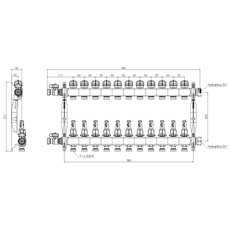 Rozdzielacz do ogrzewania podłogowego AFRISO ProCalida VA 1C 11-obieg. stal nierdzewna GZ 1'' x euroconus 3/4''