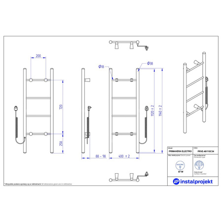 Grzejnik elektryczny (suszarka) INSTAL-PROJEKT PRIMAVERA ELECTRO, wym. 1120/400 mm, kolor czarny mat, moc 87 W