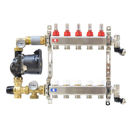 Rozdzielacz ze stali nierdzewnej do ogrzewania podłogowego CS-Rot02 5F, z grupą mieszająco-pompową, z pompą DAB Evosta2 65/130