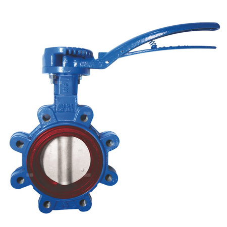 Przepustnica bezkołnierzowa SYLAX z napędem ręcznym dźwigniowym, dysk: AISI316, wykładzina: FKM, korpus: GGG40 epoksyd., Pnom 1,0 MPa, tmax=180 st.C DN 80