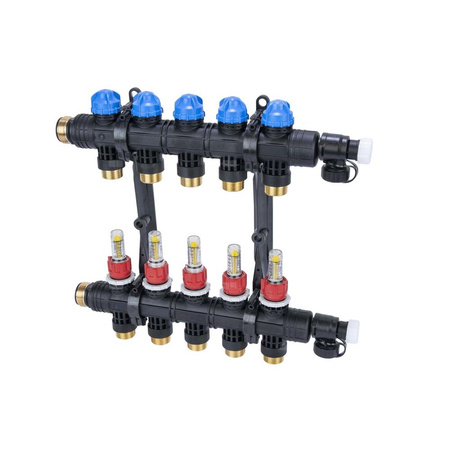 Rozdzielacz do ogrzewania podłogowego AFRISO ProCalida EF1 K 5-obieg. poliamid GZ 1'' x euroconus 3/4'' + przepływomierz + zawór napełn/spust