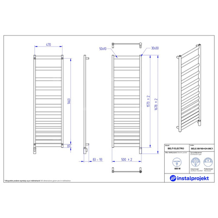 Grzejnik elektryczny (suszarka) INSTAL-PROJEKT BELTI ELECTRO, wym. 1573 (1678 z grzałką)/500 mm, kolor czarny, moc 600 W