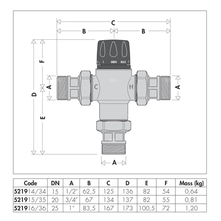 Termostatyczny zawór mieszający 1/2" 35-65 z zaw. zwr.