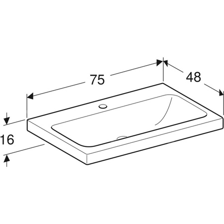 Umywalka GEBERIT iCon Light prostokątna, biała, 750mm, otwór na baterię na środku, bez odpływu przelewowego, półka od ściany