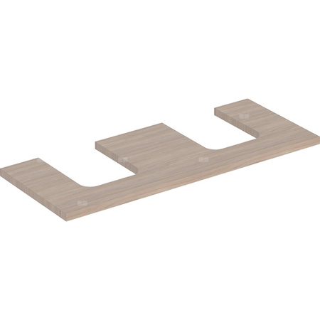 Blat pod umywalkę Geberit ONE z wycięciem, do umywalki nablatowej w kształcie misy: B=119cm, Dąb, Melamina, struktura drewna, Przekrój=Lewa i prawa strona