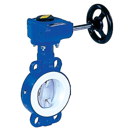 Przepustnica bezkołnierzowa LYCENE z przekładnią ślimakową, dysk: AISI316L, wykładzina: PTFE, korpus: GGG40 epoksyd., Pnom 1,0 MPa, tmax=200 st.C DN 300