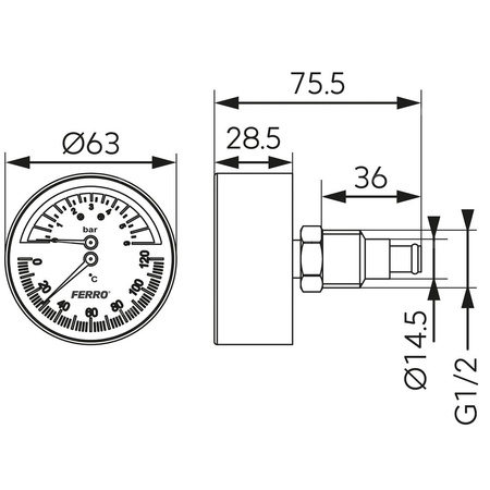 Termometr bimetaliczny FERRO fi 63 mm 120'C 6 bar połączenie aksjalny