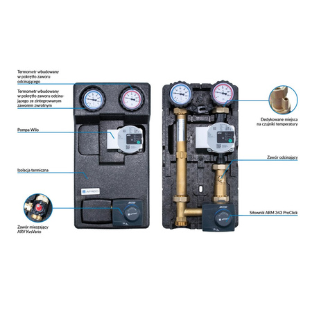Grupa pompowa AFRISO PrimoTherm 180-2 DN 25 WP 3-WM-SM Vario GZ x GW 1 1/2'' x 1'', z zaworem mieszającym, z izolacją, z pompą obiegową Wilo Para SC 25/6, z siłownikiem arm 343 proclick