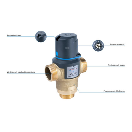 Zawór regulacyjny termostatyczny do wody ciepłej AFRISO ATM 763 mosiądz GZ 1'', DN 20, zakres temp. 35-60'C, Kvs 3.2 m3/h, maksymalna temperatura 110'C, maksymane ciśnienie 10 bar