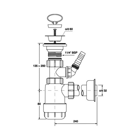 Syfon umywalkowy butelkowy "niski" 11/4"x32mm z podłączeniem pralki lub zmywarki