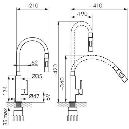 Bateria zlewozmywakowa FERRO ZUMBA SLIM 2F, kolor chrom, beżowa elastyczna wylewka 2f