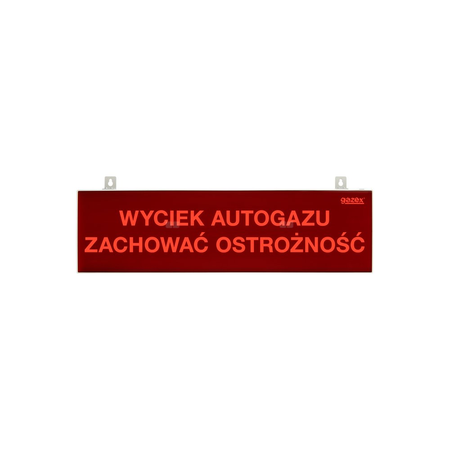 tablica ostrzegawcza "WYCIEK AUTOGAZU ZACHOWAĆ OSTROŻNOŚĆ", podświetlenie czerwone LED, wbudowana cicha syrenka, zasilanie 12/24V