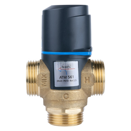 Zawór regulacyjny termostatyczny do wody ciepłej AFRISO ATM 561 ze śrubunkami mosiądz GZ 1'', DN 20, zakres temp. 20-43'C, Kvs 2.5 m3/h, maksymalna temperatura 90'C, maksymane ciśnienie 10 bar