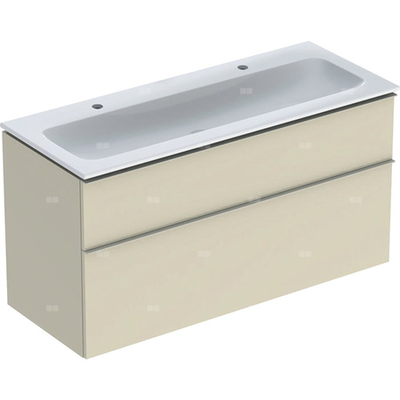 Zestaw umywalki meblowej Geberit iCon, slim rim, z szafką pod umywalkę, z dwoma szufladami i odpływowo-przelewowym do umywalki: B=120cm, Umywalka: biały, Korpus i front: szary piaskowy / lakierowany, wysoki połysk, Uchwyt: szary piaskowy / malowany proszk