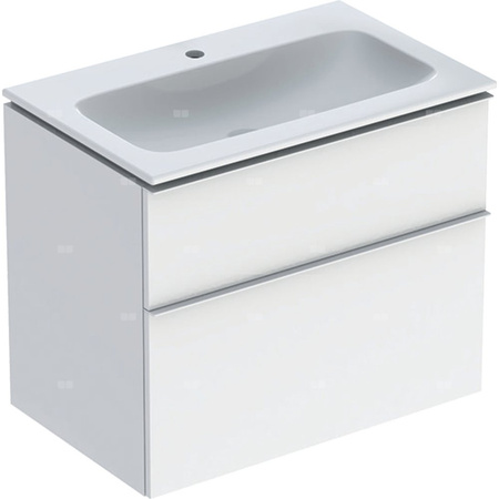 Zestaw umywalki meblowej Geberit iCon slim rim, z szafką pod umywalkę, z dwoma szufladami i zestawem odpływowo-przelewowym do umywalki: B=75cm, Umywalka: biały, Korpus i front: biały / lakierowany na wysoki połysk, Uchwyt: biały / powlekany proszkowo, mat