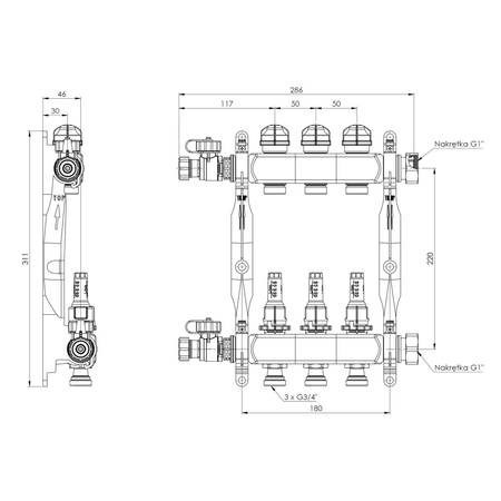 Rozdzielacz do ogrzewania podłogowego AFRISO ProCalida VA 1C 3-obieg. stal nierdzewna GZ 1'' x euroconus 3/4''