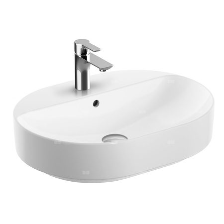 Umywalka GEBERIT Variform eliptyczna, biała / KeraTect, 600mm, otwór na baterię na środku, stawiana na blat, z odpływem przelewowym, półka od ściany