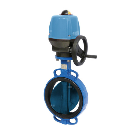 Przepustnica bezkołnierzowa SYLAX z napędem elektr. on/off SOCLA seria V 24V AC/DC, IP68, dysk: GGG40 epoksyd., wykładzina: EPDM, korpus: GG25 epoksyd., Pnom 0,6 MPa, tmax=120 st.C