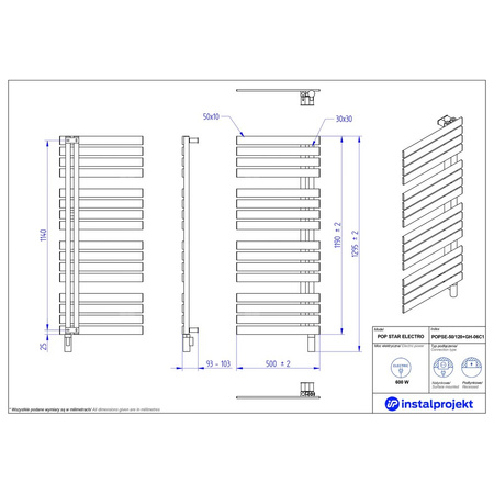 Grzejnik elektryczny (suszarka) INSTAL-PROJEKT Pop Star Electro, wym. 1190 (1295 z grzałką)/500 mm, kolor czarny,  moc 600 W