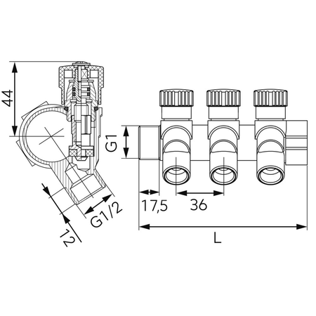Rozdzielacz hydrauliczny FERRO RDW250300 mosiądz GZ x GW, odgałęzień: 3 (1/2'') + zawory odcinające