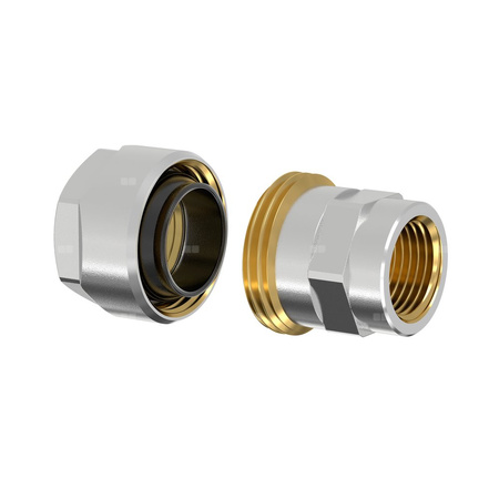 Złącze FLAMCO MEIBES PLUS DVGW dwuczęściowy, mosiądz (niklowanie) / mosiądz (niklowanie), 1/2'' (GW gazowy walcowy x PZ), 49 mm z uszczelką, PN10 bar