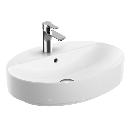 Umywalka GEBERIT Variform owalna, biała / KeraTect, 600mm, otwór na baterię na środku, stawiana na blat, z odpływem przelewowym, półka od ściany