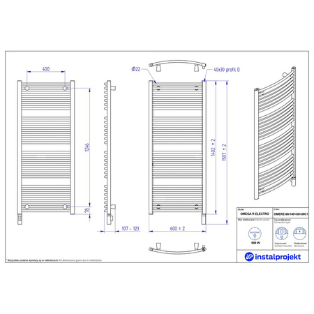 Grzejnik elektryczny (suszarka) INSTAL-PROJEKT OMEGA R ELECTRO, wym. 1402 (1507 z grzałką)/600 mm, kolor biały połysk, moc 900 W