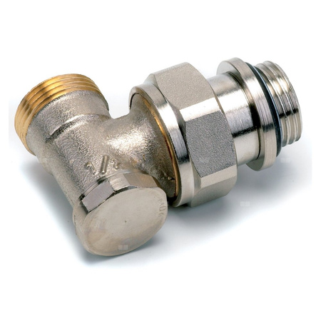 Zawór gwintowany, kątowy, niklowany, regulacja nastawy i odcięcie przepływu 1/2" -3/4"Euro