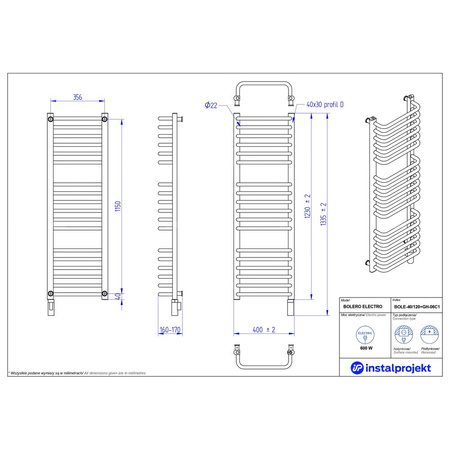 Grzejnik elektryczny (suszarka) INSTAL-PROJEKT BOLERO ELECTRO, wym. 1230 (1335 z grzałką)/400 mm, kolor biały połysk, moc 600 W
