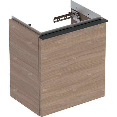 Szafka pod małą umywalkę Geberit iCon, z jednymi drzwiami: Szerokość umywalki=38cm, H=41.5cm, Drzwi=Zawias po prawej, Korpus i front: dąb / melaminowa struktura drewna, Uchwyt: lava / malowany proszkowo, matowy