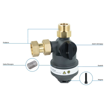 Kompaktowy magnetyczny separator zanieczyszczeń ADS 100, przyłącza kątowe G3/4'', Kvs 4,2 m3/h