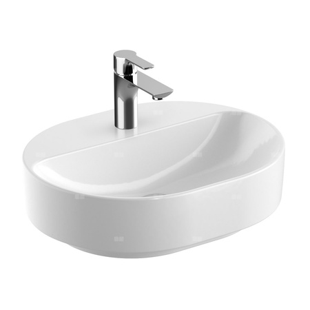 Umywalka GEBERIT Variform eliptyczna, biała / KeraTect, 500mm, otwór na baterię na środku, stawiana na blat, bez odpływu przelewowego, półka od ściany