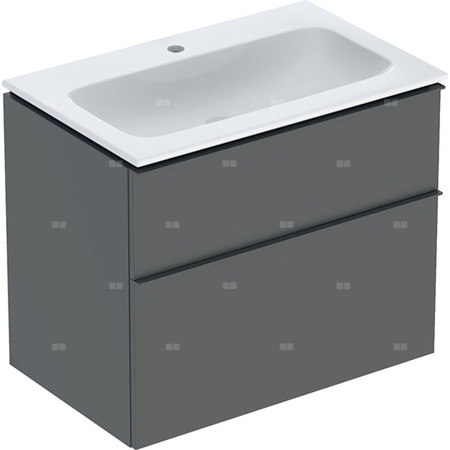 Zestaw umywalki meblowej Geberit iCon slim rim, z szafką pod umywalkę, z dwoma szufladami i zestawem odpływowo-przelewowym do umywalki: B=75cm, Umywalka: biały /KeraTect, Korpus i front: lava / lakierowany matowy, Uchwyt: lava / malowany proszkowo, matowy
