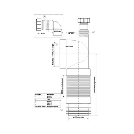 Przyłącze kanalizacyjne harmonijkowe L-265>540mm,wejście 90-110mm,wyjście 110mm, kąt 90 z podłączeniem 40mm