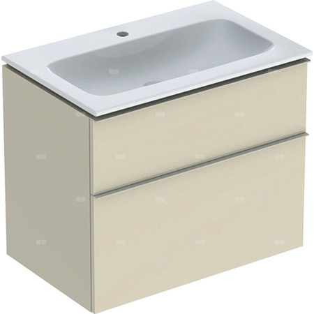 Zestaw umywalki meblowej Geberit iCon slim rim, z szafką pod umywalkę, z dwoma szufladami i zestawem odpływowo-przelewowym do umywalki: B=75cm, Umywalka: biały, Korpus i front: szary piaskowy / lakierowany, wysoki połysk, Uchwyt: szary piaskowy / malowany