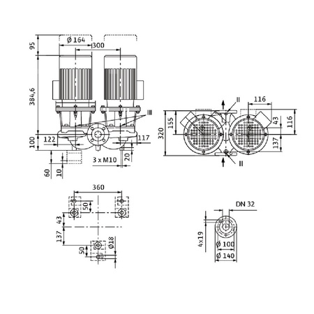 Pompa obiegowa WILO CronoTwin-DL 32/140-0,25/4 typu in-line z silnikiem znormalizowanym 50 Hz, moc silnika 0.25kW 0.69 A 1450 obr/min, wlot Kołnierz DN 32