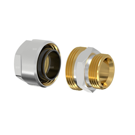 Złącze FLAMCO MEIBES PLUS DVGW dwuczęściowy, mosiądz (niklowanie) / mosiądz (niklowanie), 3/4'' x 1/2'' (eurokonus x PZ), 44.2 mm z uszczelką, PN10 bar