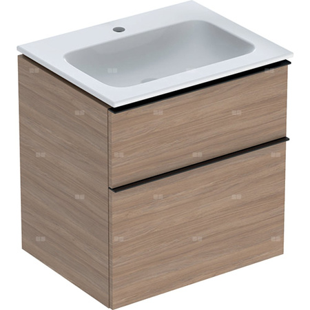 Zestaw umywalki meblowej Geberit iCon slim rim, z szafką pod umywalkę, z dwoma szufladami i zestawem odpływowo-przelewowym do umywalki: B=60cm, Umywalka: biały, Korpus i front: dąb / melaminowa struktura drewna, Uchwyt: lava / malowany proszkowo, matowy